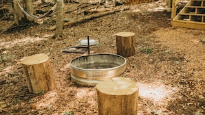 Un espace extérieur rustique, agrémenté d’un foyer en métal portant l’inscription « QUARRY COVE », entouré de souches d’arbres et d’un hamac.