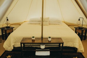 1 bedroom, bed sheets - Lakefront Glamping Resort Cherokee Lake Tennessee Site 3 (Mooresburg)