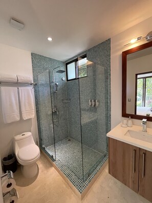 Dusche, Haartrockner, Handtücher, Seife