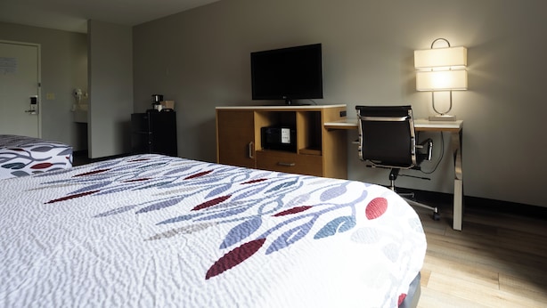 A hotel room with a bed, a desk, a television, a lamp, and a wardrobe.