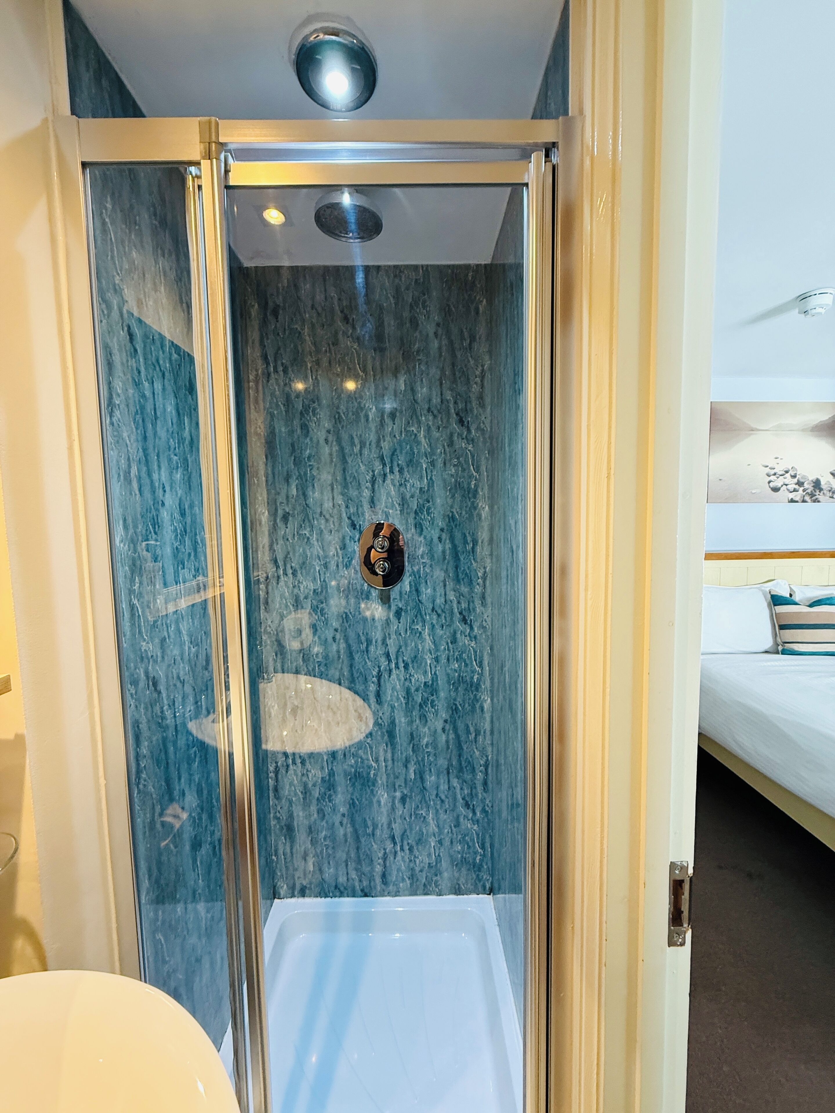 A walk-in shower with a glass door, a marble wall, and a ceiling light.