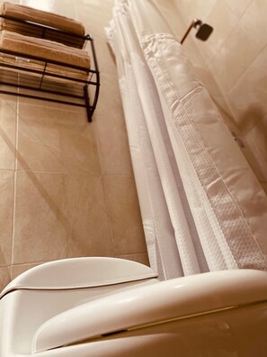 Ducha, secador de pelo, toallas, jabón