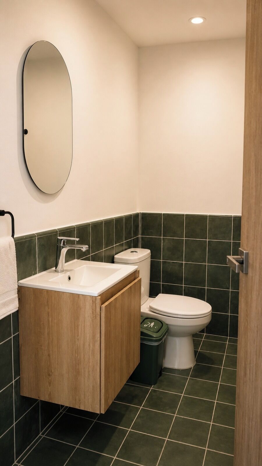 A bathroom with a wooden vanity, a white sink, a toilet, and a green trash bin.