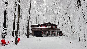 Une cabane entourée d’arbres couverts de neige.