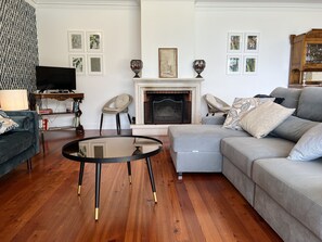 Älytelevisio, takka, kirjoja, stereot