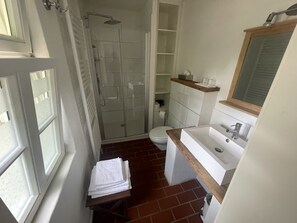 Shower, towels, toilet paper