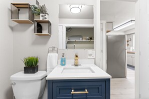 Combined shower/tub, hair dryer, bidet, towels