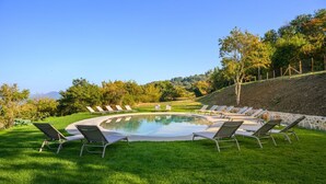 Una piscina circular con sillones de descanso alrededor, rodeada de césped y árboles.