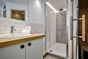 Shower, hair dryer, towels
