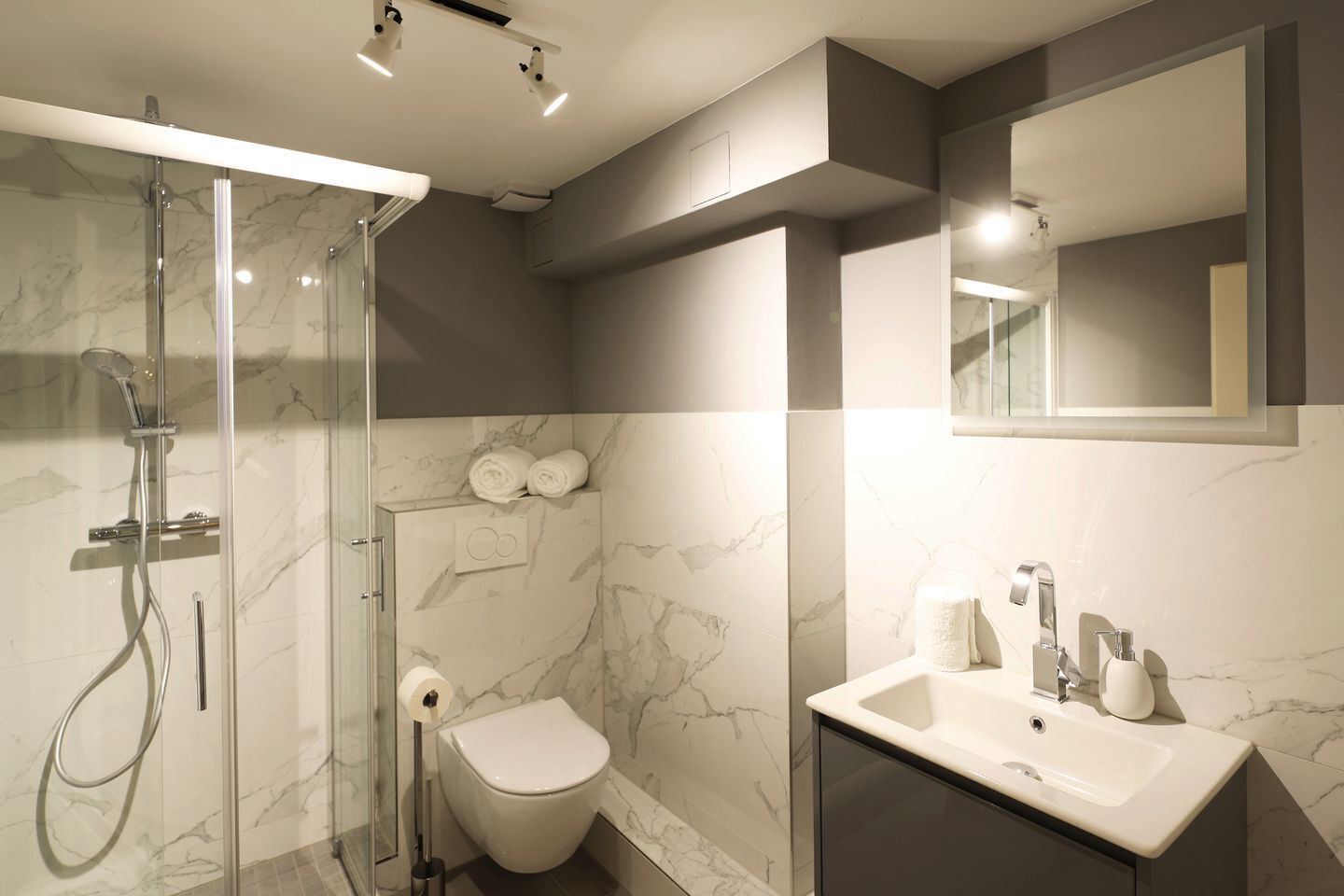 A modern bathroom with a glass-enclosed shower, a toilet, and a sink with a mirror above it.