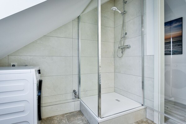 Shower, hair dryer, towels