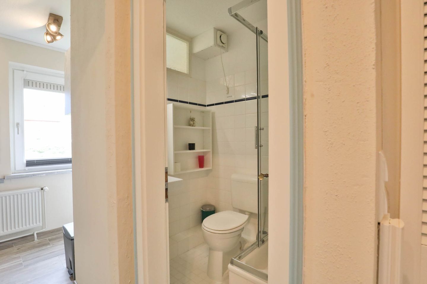 A bathroom with a glass shower enclosure, a toilet, and a shelf with toiletries.