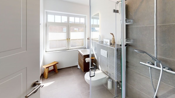 Shower, hair dryer, towels