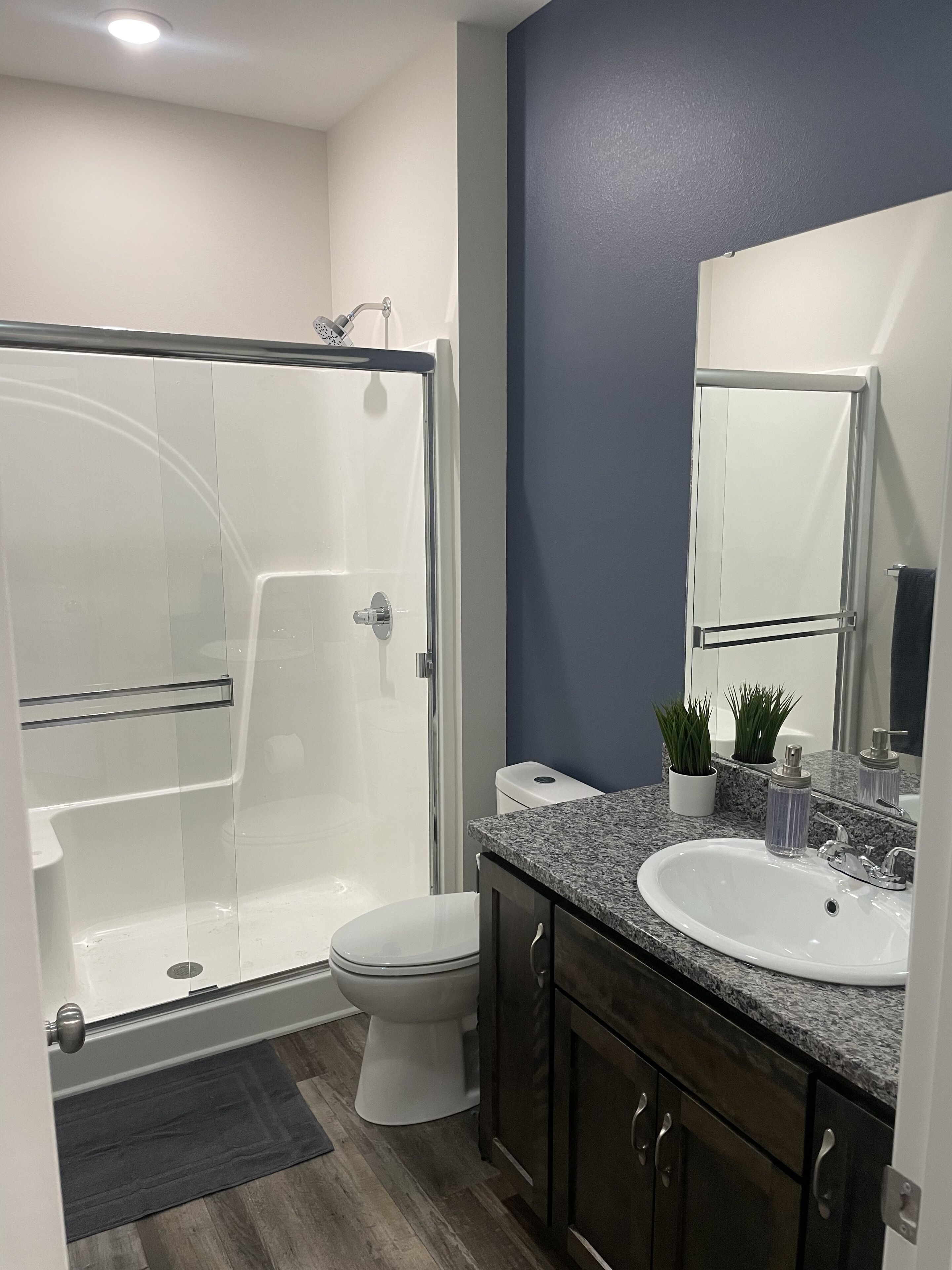 Een moderne badkamer met een douchecabine van glas, een wit toilet, een wastafel met granieten blad en donkere houten kastjes.