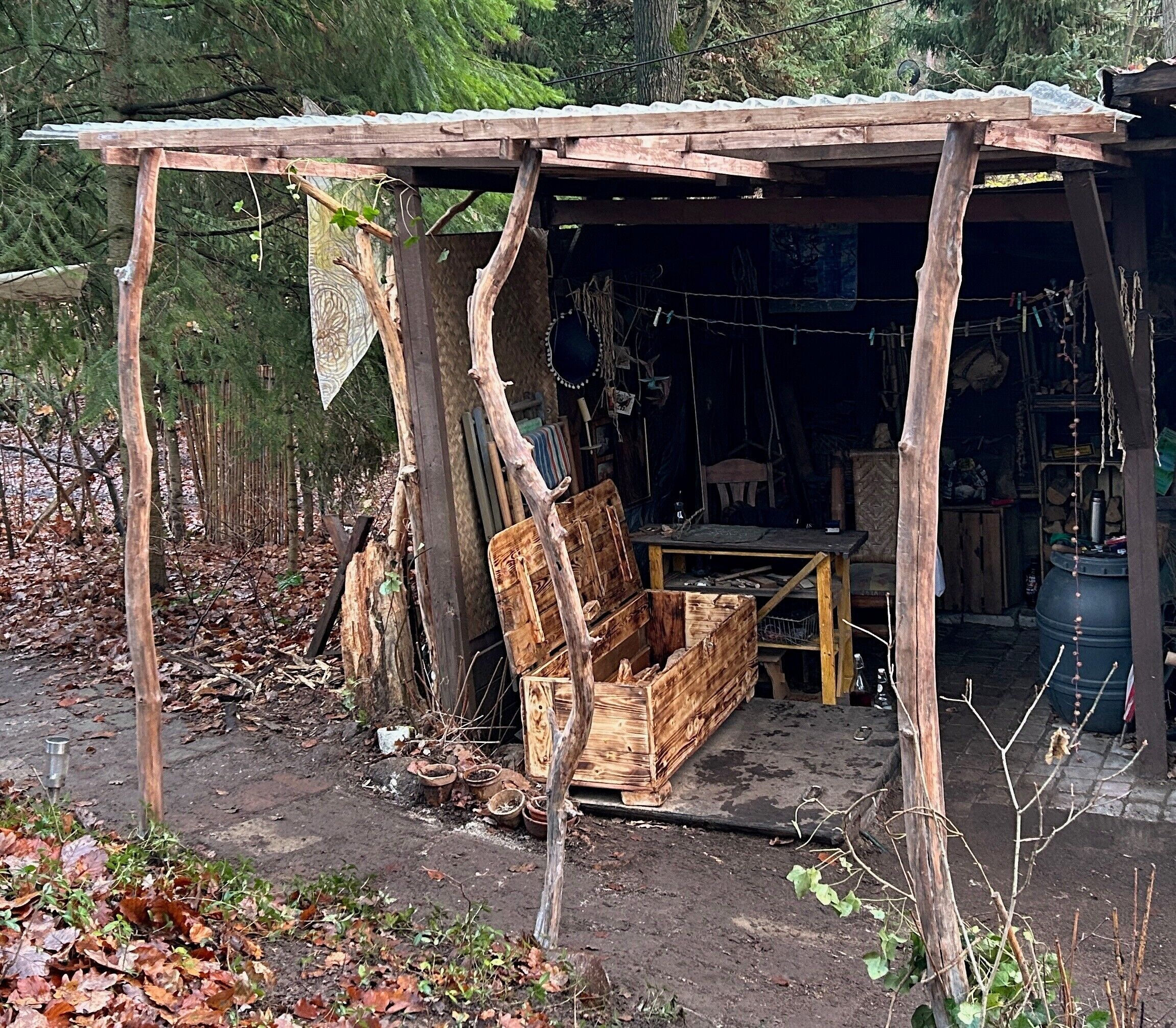 Une structure rustique en bois, avec un banc et une table, entourée d’arbres et posée sur un sol en terre battue.