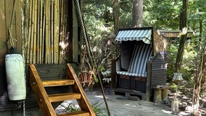 Una scala di legno che conduce a una struttura in bambù, una piccola casetta di legno e un pavimento in cemento con oggetti sparsi.