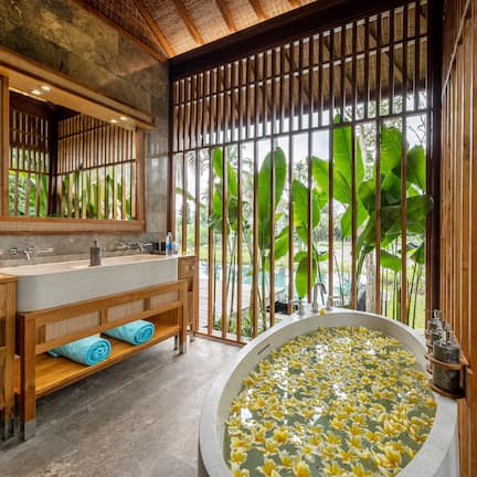 2 Bedroom Pool Villa with Rice Field View and Daily Scheduled Activities | Bathroom | Designer toiletries, hair dryer, bathrobes, slippers