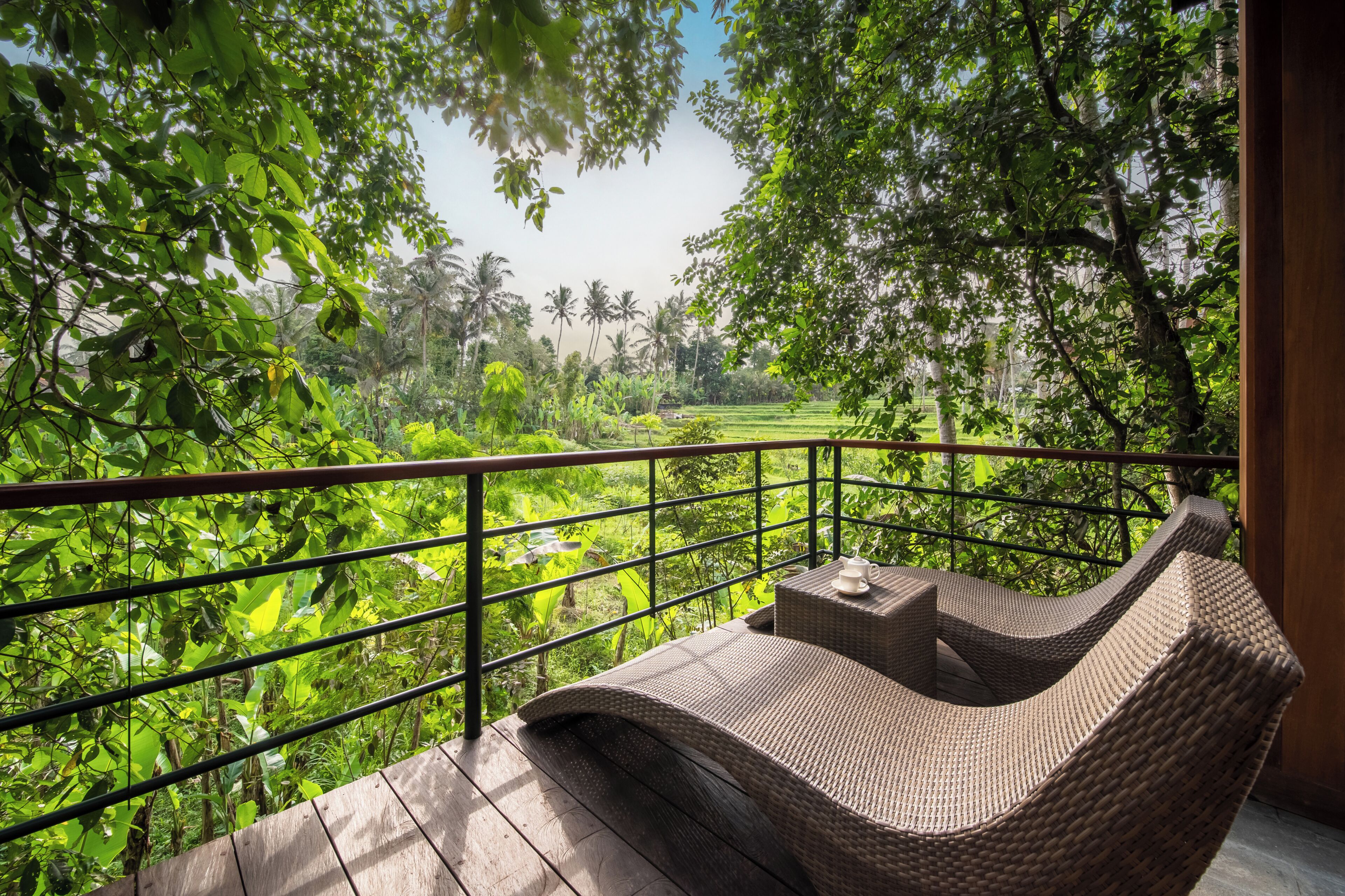 A wicker lounge chair on a wooden deck with a view of lush greenery and a distant landscape.