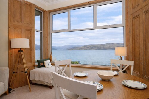 Kames View, shore front location, ground floor, wood burning fire, sleeps 4