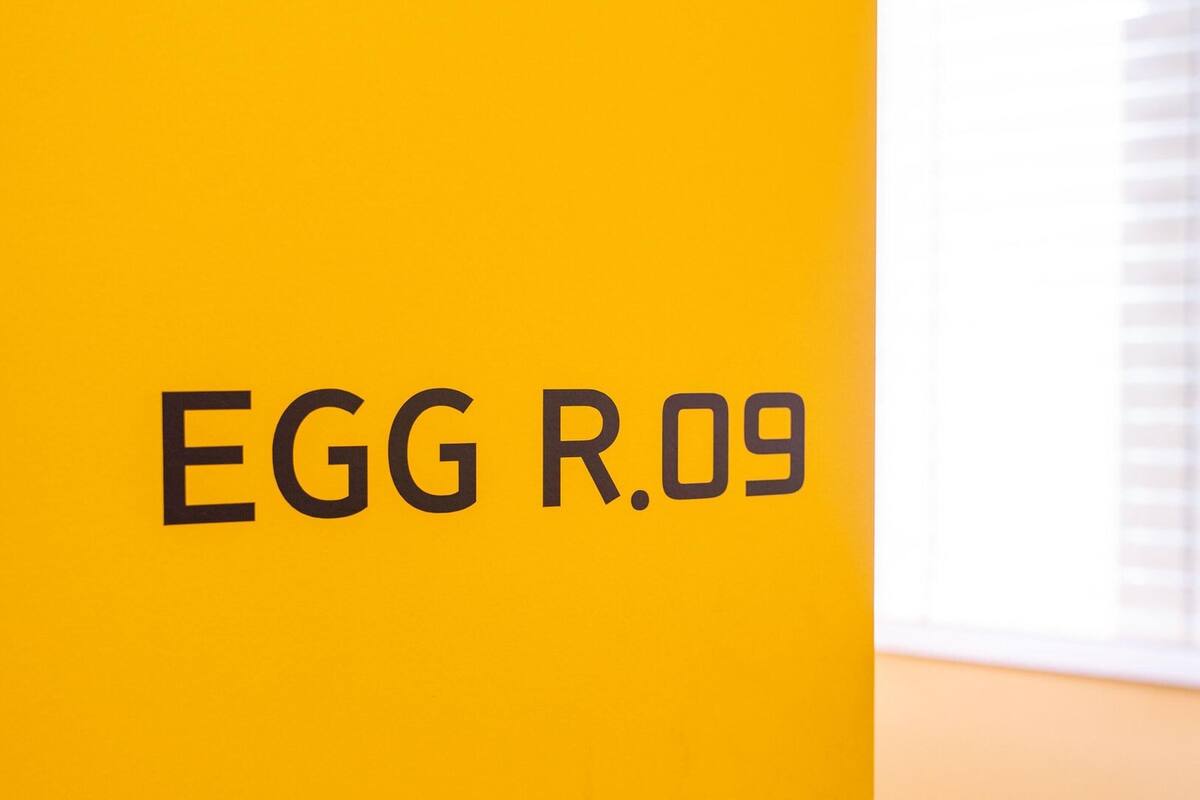 Un mur jaune sur lequel on peut lire le texte « EGG R.09 ».