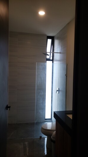 Regadera, toallas, jabón, papel de baño 