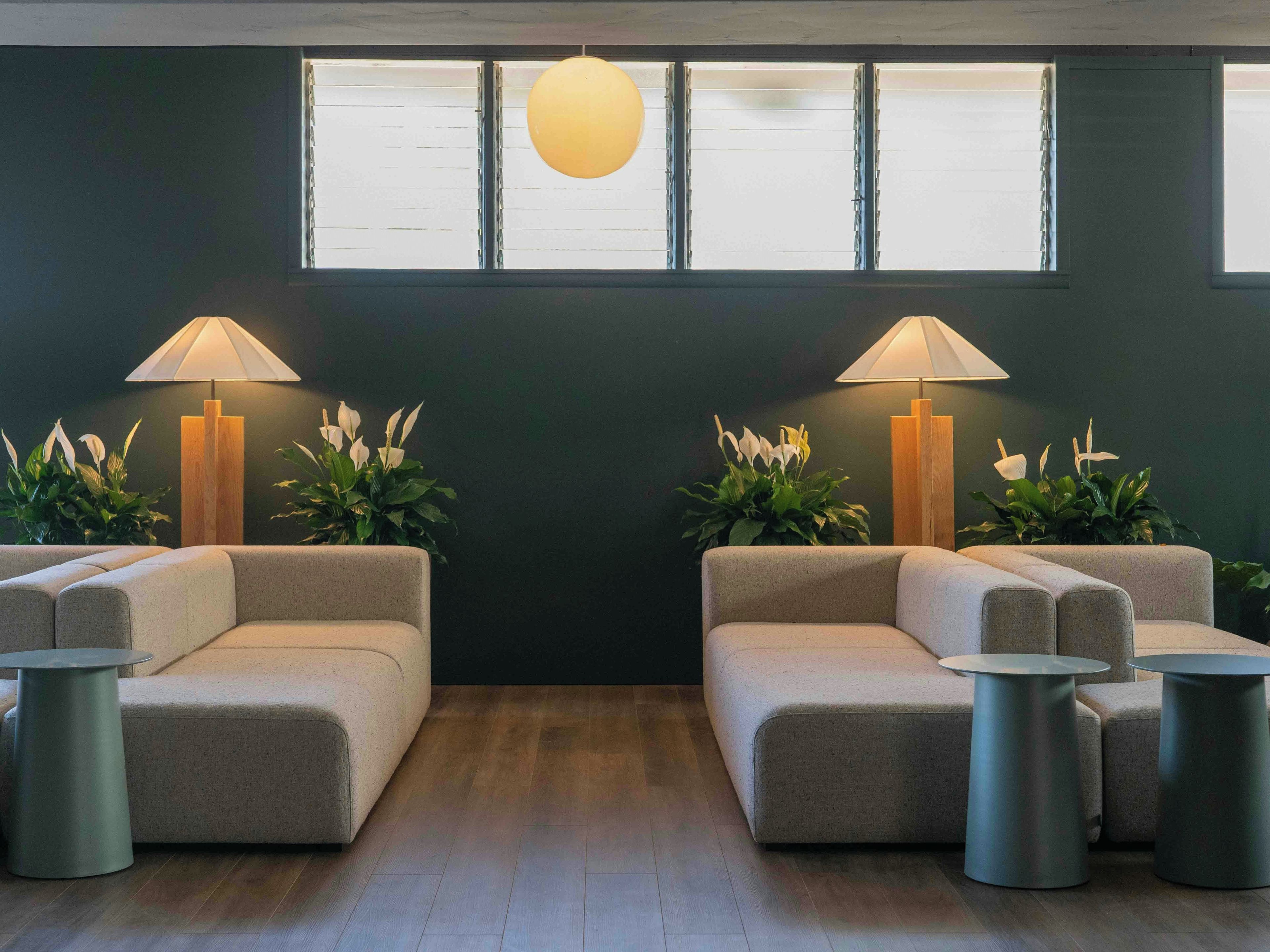 Ein moderner Wartebereich mit zwei Sofas, zwei Lampen und Topfpflanzen.