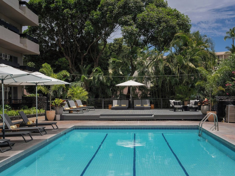 Una piscina con sillones de descanso y sombrillas, rodeada de exuberante follaje y árboles.