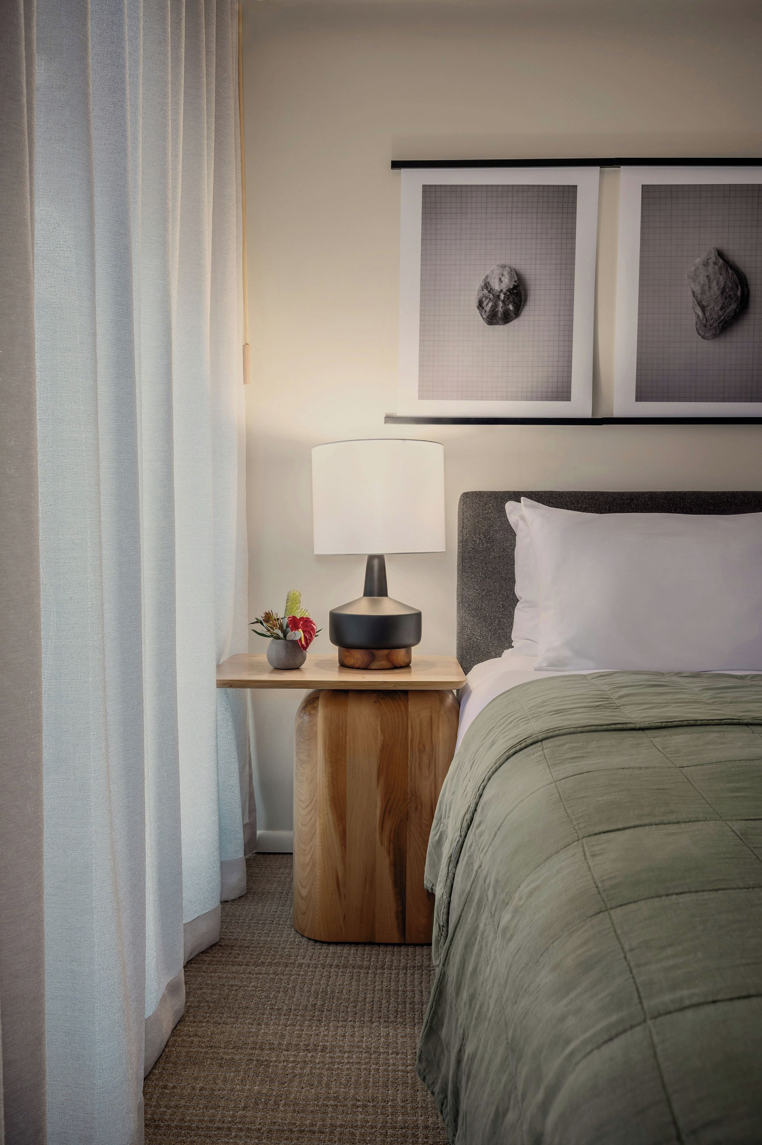 A hotel room with a bed, a nightstand with a lamp, a small plant, and two wall-mounted pictures.