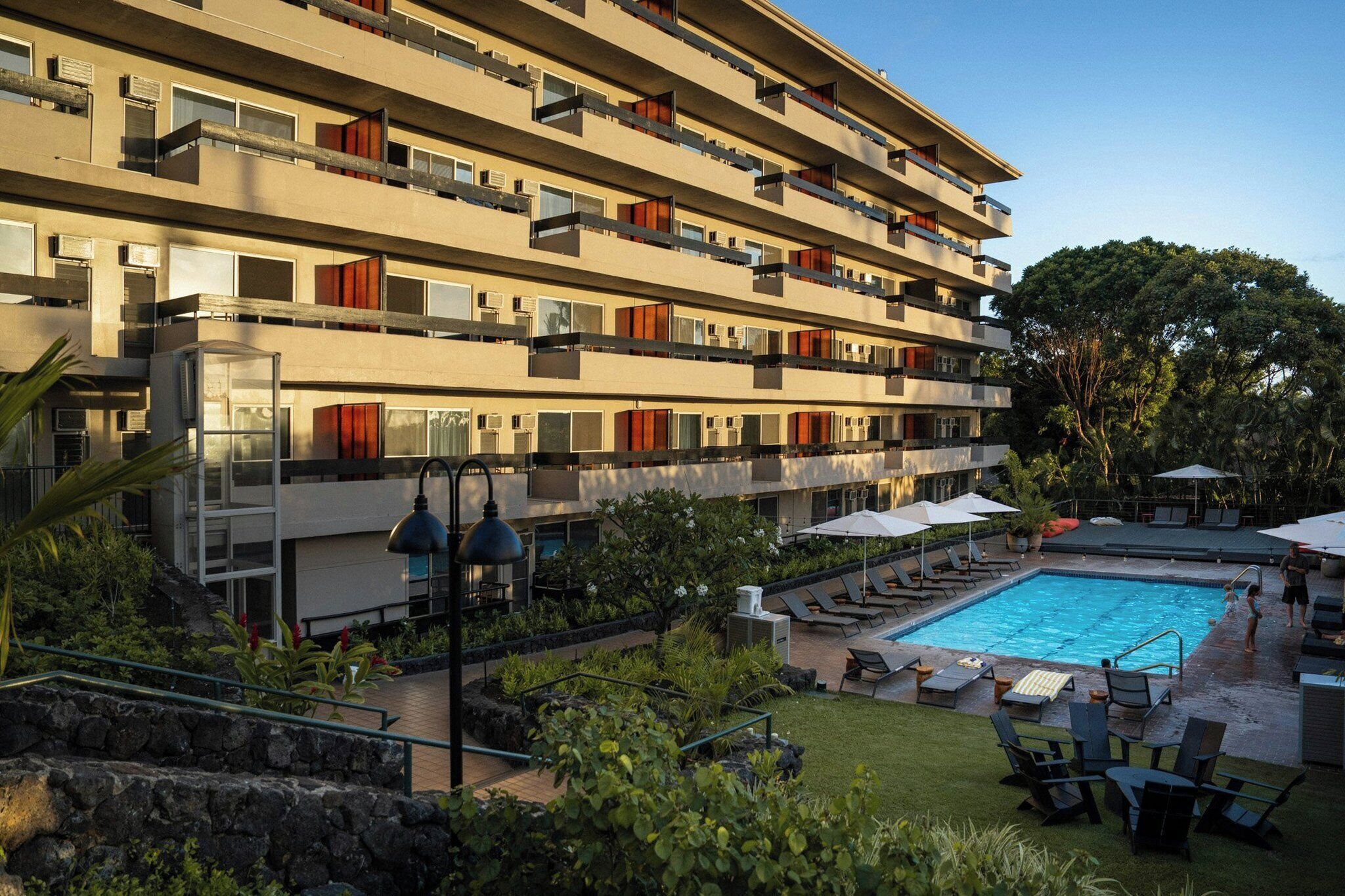 Outdoor pool, open 9:00 AM to 9:00 PM, pool umbrellas, pool loungers