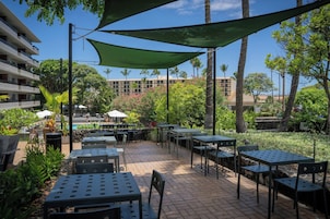 Un área de patio al aire libre con mesas y sillas, rodeada de vegetación y una piscina.