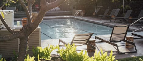 Outdoor pool, open 9:00 AM to 9:00 PM, pool umbrellas, pool loungers