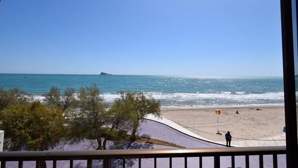 A beach view from a balcony with a railing, trees, and a sandy beach with a few people and a beach umbrella. - BENIBEACH (1 BEDROOM) (Benidorm)