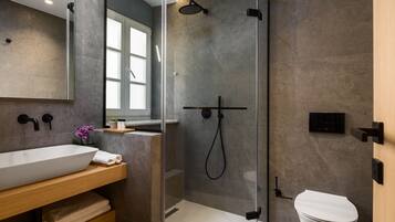 A modern bathroom with a large white sink, a glass-enclosed shower, and a toilet.