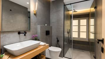 Un bagno moderno con un ampio lavandino bianco, un water e uno spazio doccia con pareti in vetro.