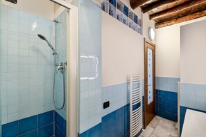 Shower, hair dryer, bidet, towels