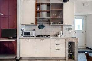 Frigorífico, microondas, placa de cocina y tostadora