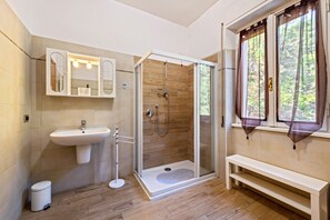 Shower, hair dryer, towels
