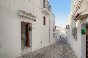 A narrow cobblestone street flanked by white buildings with balconies and doors.