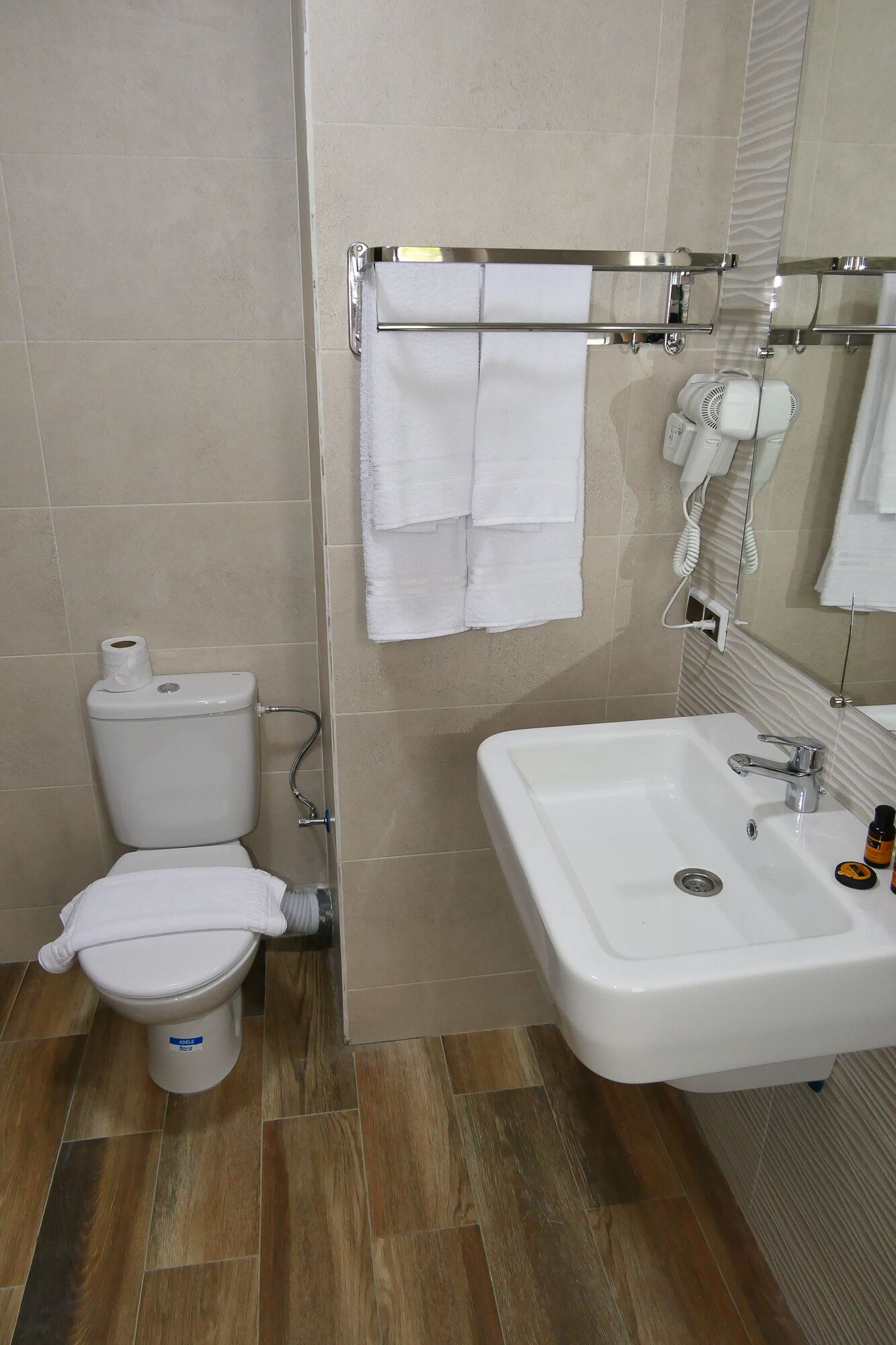A bathroom with a toilet, sink, and hairdryer.