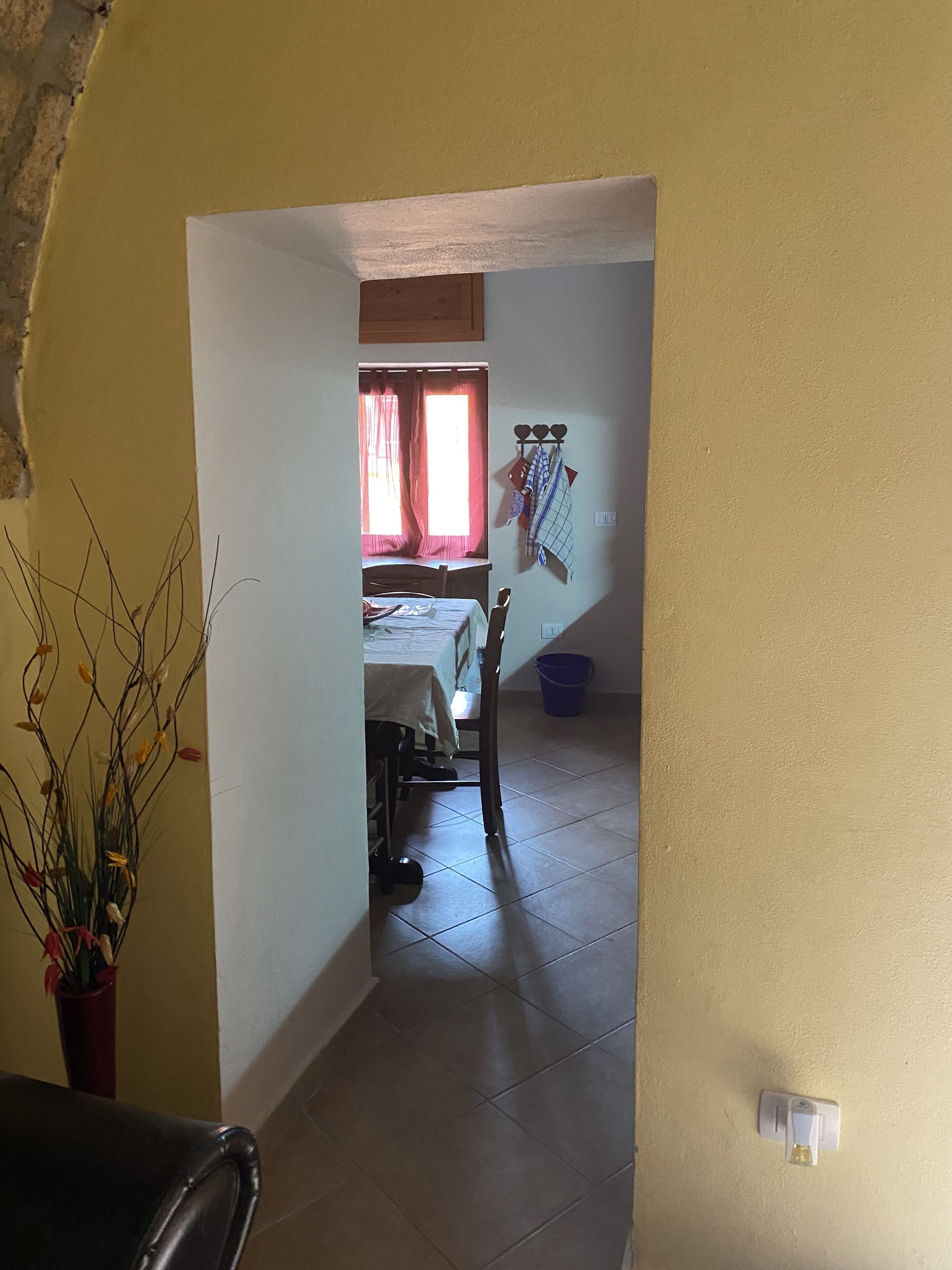 A narrow hallway leading to a bedroom with a bed, a window with curtains, and a wall-mounted coat rack.