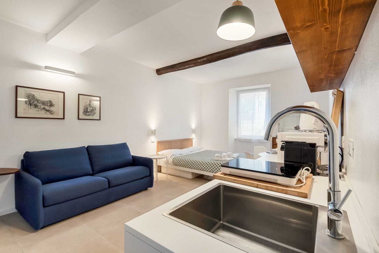 A compact living space with a sofa, a bed, a kitchenette, and framed artwork on the wall.