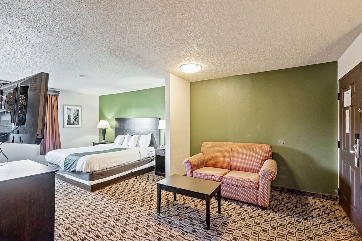 Una habitación de hotel con cama, sofá, una mesita y televisor.