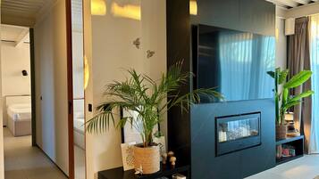 Un salon moderne avec un meuble de rangement noir pour les appareils électroniques, un grand téléviseur à écran plat et une plante en pot.