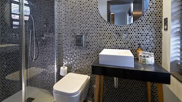 A modern bathroom with a glass-enclosed shower, a toilet, and a sink with a mirror above it.