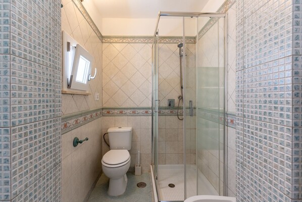 Een badkamer met een douche in een glazen cabine, een toilet en een wastafel.