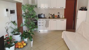 A compact living space with a kitchenette, a sofa, and several potted plants. - Extraordinary vacations (Villa Verde)