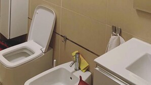 A bathroom with a toilet, sink, and a towel rack. - Extraordinary vacations (Villa Verde)