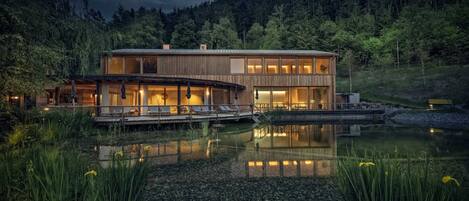 Seasonal outdoor pool, pool umbrellas, pool loungers