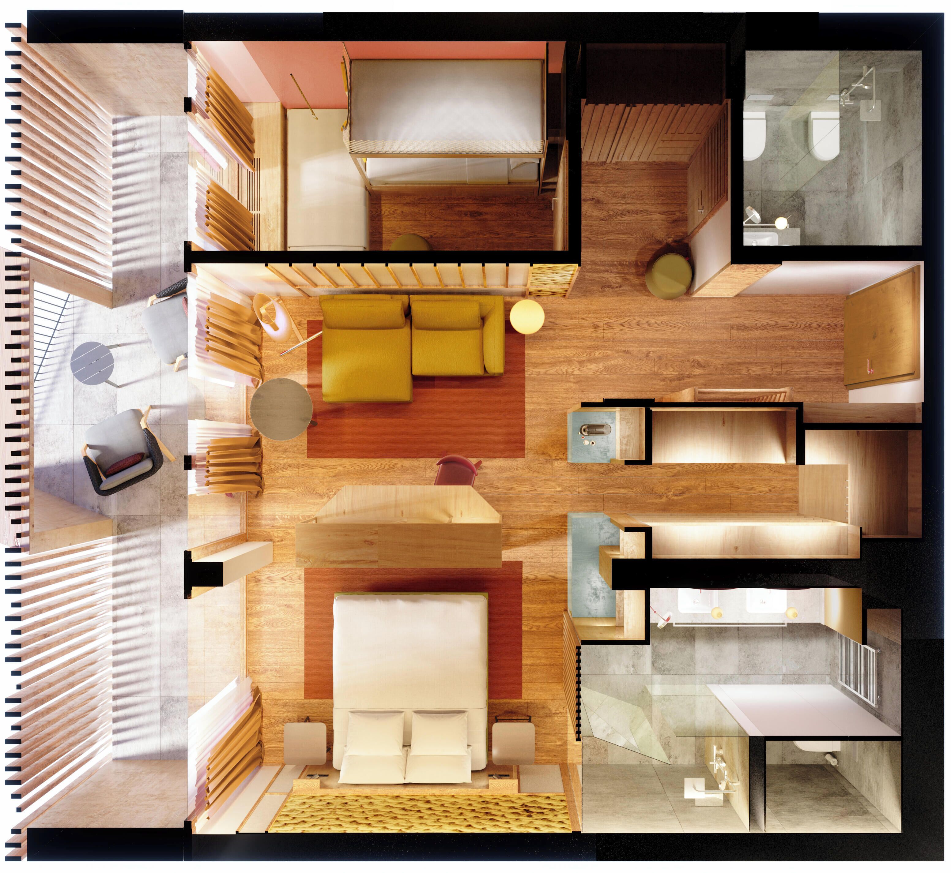 A modern interior with a central seating area, a kitchenette, a bathroom, and a staircase.