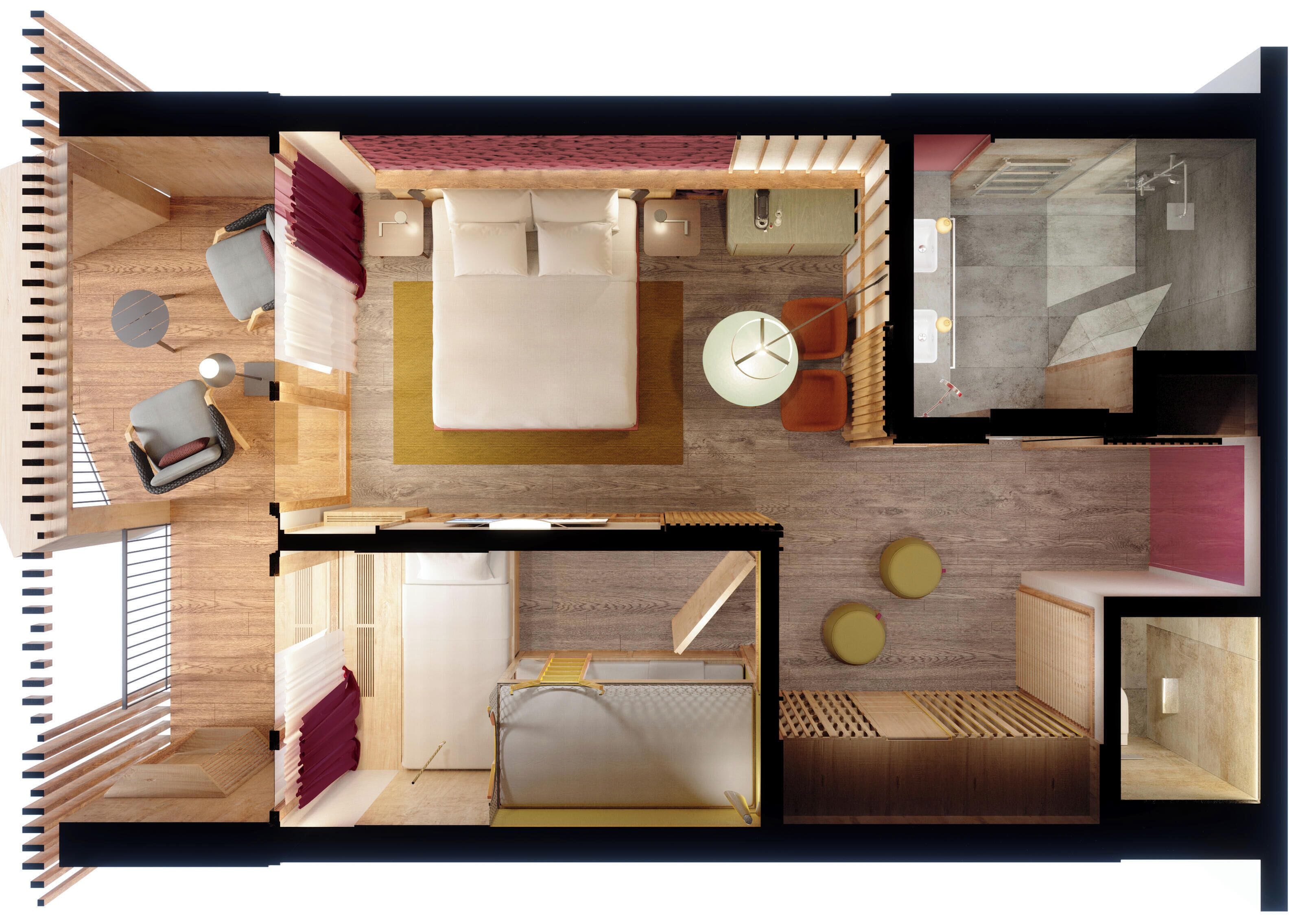 Grundriss eines Hotelzimmers mit Bett, Sitzbereich, Küchenzeile und Bad.